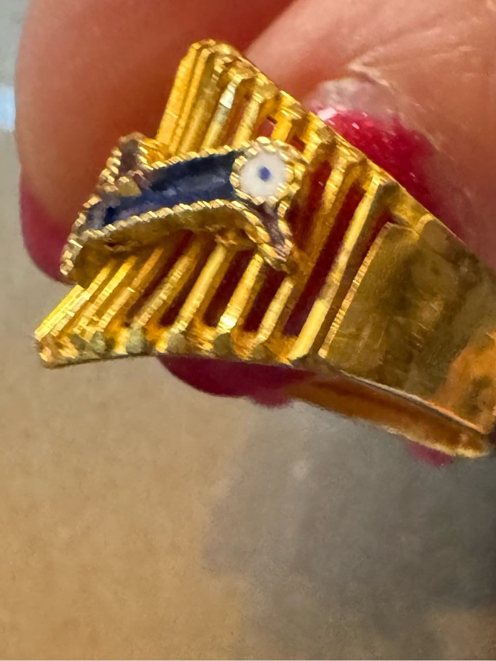 22K Solid Gold Bird Enamel Ring - Blue and Red Accent - Picture 3 of 7